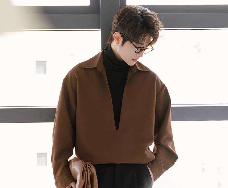 メンズ ファッション 春夏 秋　冬 かっこいい オシャレ モテ 男性用 紳士服 服 韓国 メンズ ヘビー フェイク ツーピース レイ ヤード ディープ V シャツ 襟 スプライシング シャツ