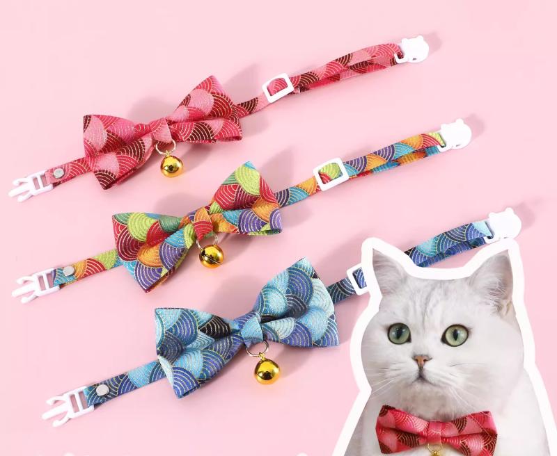 おすすめ 犬 猫 ペット グッズ かわいい おしゃれ 首輪 装飾 和風 和柄 調節可能 蝶ネクタイ リボン バックル 安全 鈴 ベル