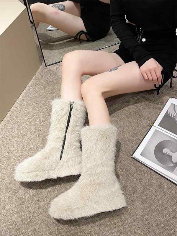 Thick Sole - 女性 韓国 おすすめ 秋冬 レディース ファッション かわいい おしゃれ シンプル 靴 ブーツ スノー ファー ジッパー 厚手 厚底 ベルベット 暖かい 靴底 4cm
