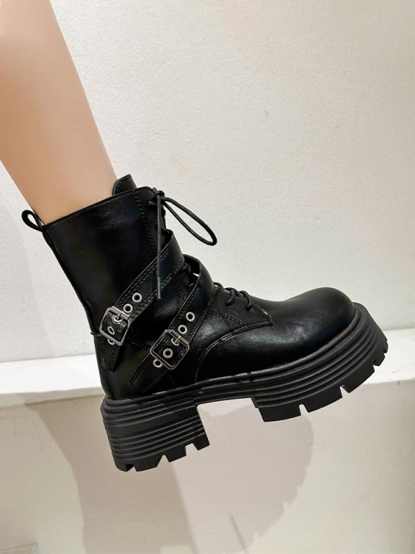 女性 韓国 おすすめ 秋冬 レディース ファッション かわいい おしゃれ シンプル 靴 ブーツ ベルト バックル 厚手 英国風 厚底 ライダース ショート ベルト ヒール 5cm