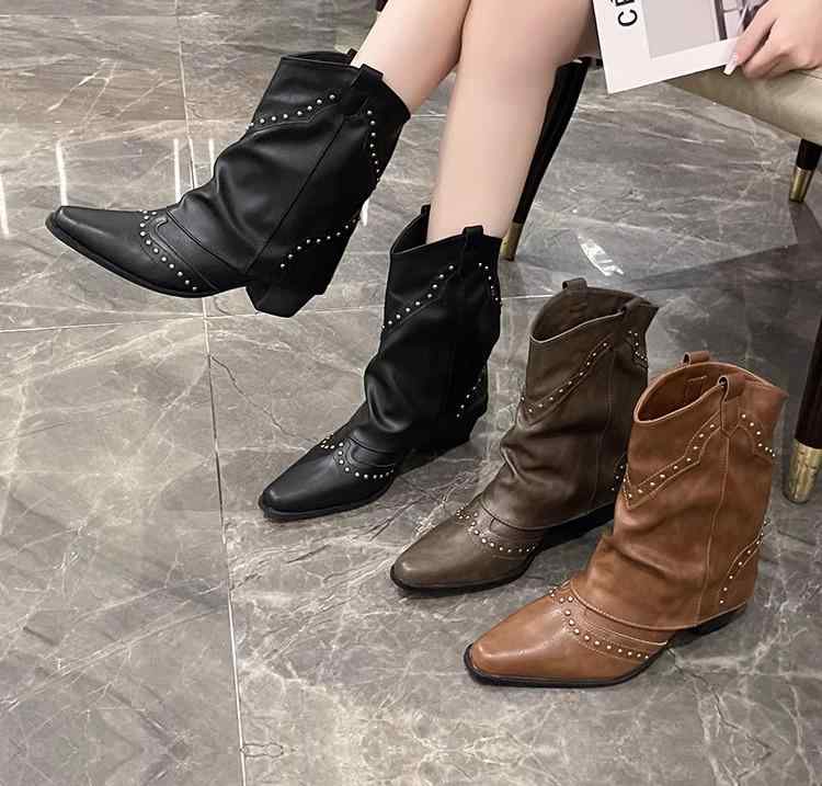 女性 韓国 おすすめ 秋冬 レディース ファッション かわいい おしゃれ シンプル 靴 ブーツ ウエスタン カウボーイ 厚手 ショート スタッズ レトロ ヒール 5cm