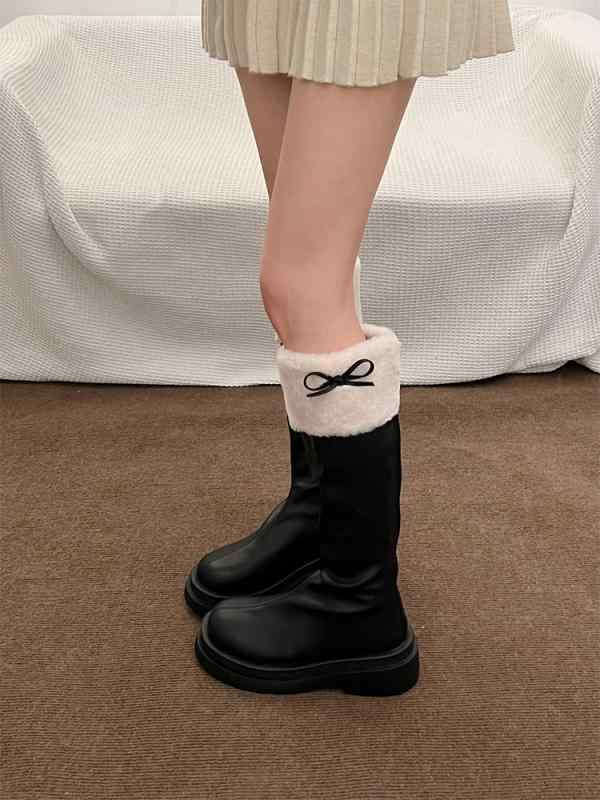 女性 韓国 おすすめ 秋冬 レディース ファッション かわいい おしゃれ シンプル 靴 ブーツ スノー 厚底 ロング リボン ふわふわ ガーリー ヒール 4cm