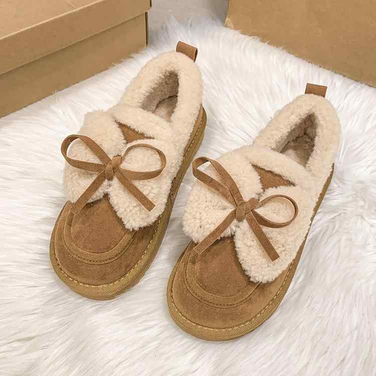 女性 韓国 おすすめ 秋冬 レディース ファッション かわいい おしゃれ シンプル 靴 ブーツ 裏起毛 暖かい 厚底 レトロ ふわふわ ムートン リボン ショート スリッパ