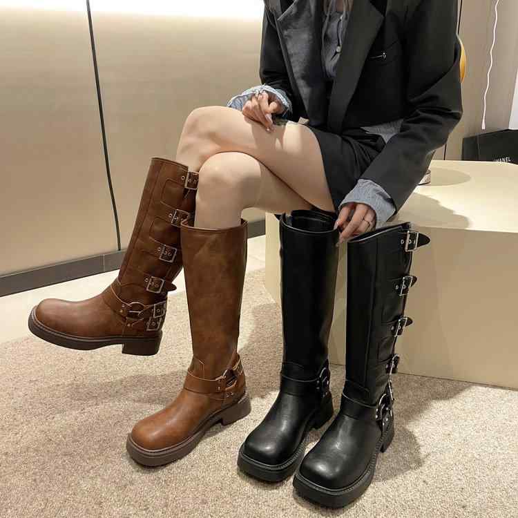 Rakuten - 女性 韓国 おすすめ 秋冬 レディース ファッション かわいい おしゃれ シンプル 靴 ブーツ 厚手 ヒール レトロ ロング ベルト