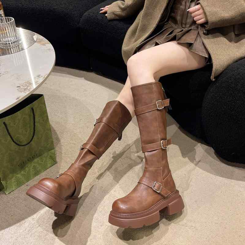 女性 韓国 おすすめ 秋冬 レディース ファッション かわいい おしゃれ シンプル 靴 ブーツ レトロ 厚底 ベルト ロング