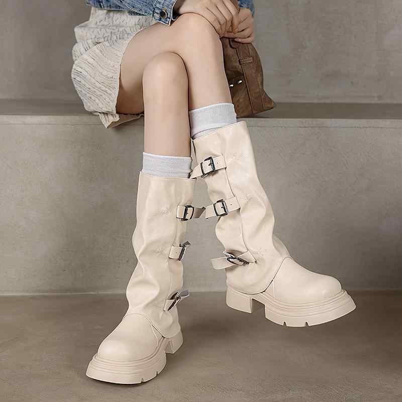 Thick Sole - 女性 韓国 おすすめ 秋冬 レディース ファッション かわいい おしゃれ シンプル 靴 ブーツ 厚底 レトロ ロング ベルト