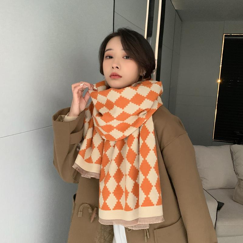 Rakuten - レディース ファッション 秋　冬 ニット スカーフ マフラー 女性 韓国 ネックウォーマー かわいい おしゃれ 60cm×190cm チェック ショール シンプル