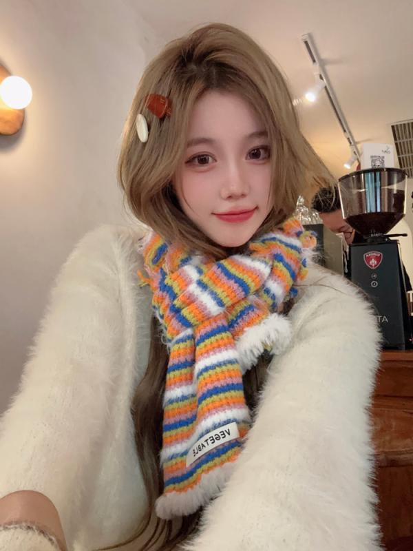 レディース ファッション 秋冬 ニット スカーフ マフラー 女性 韓国 ネックウォーマー かわいい おしゃれ 25cm×150cm ボーダー カラフル