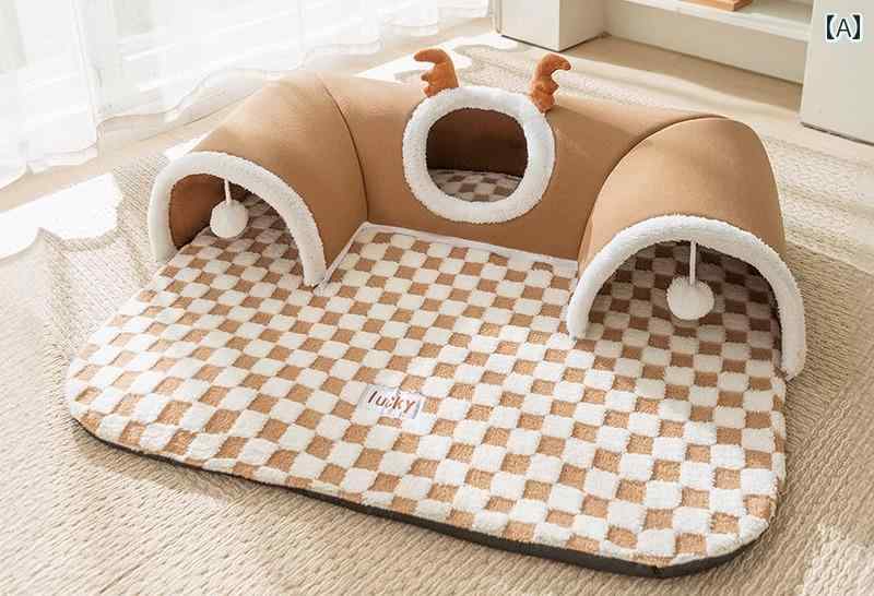 YKC8の犬 猫 ペット ベッド 寝具 かわいい おしゃれ かくれんぼ トンネル おもちゃ 穴 シェルター チェック 保温 暖かい ハウス 小屋 マット｜アングル2