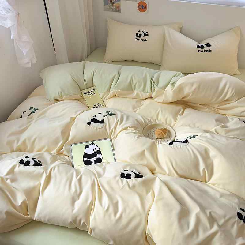 King - 韓国 シングル セミ ダブル クイーン キング 寝具 カバー シーツ 布団 かわいい おしゃれ ベッド 寝室 インテリア パンダ 4点 セット 枕 シンプル