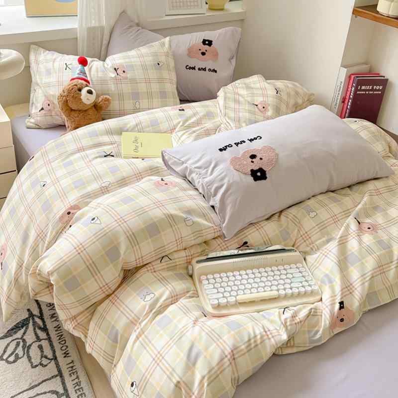 韓国 シングル セミ ダブル クイーン キング 寝具 カバー シーツ 布団 かわいい おしゃれ ベッド 寝室 インテリア 4点 セット 春夏 枕 ギンガム チェック リボン 犬 クマ ドット 水玉 うさぎ イチゴ ボックス