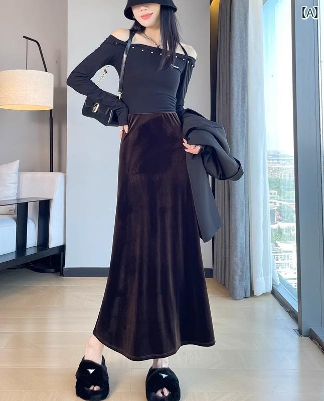 Rakuten - 女性 レディース ファッション おしゃれ かわいい 韓国 秋冬 ベルベット スカート ハイウエスト スリム シンプル ロング Aライン ボトムス