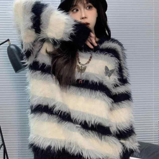 女性 レディース ファッション おしゃれ かわいい 韓国 秋冬 厚手 オーバー セーター ニット シンプル フワフワ トップス 長袖 ボーダー 女性 レディース ファッション おしゃれ かわいい 韓国 秋冬 厚手 オーバー セーター ニット シンプル フワフワ トップス 長袖 ボーダー