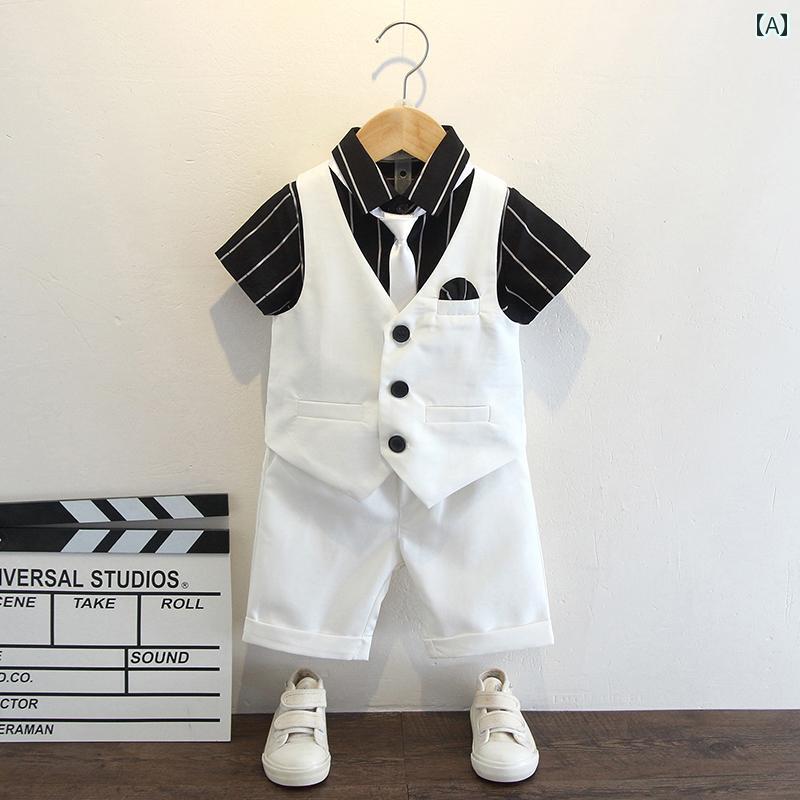 キッズ ファッション 男の子 かわいい おしゃれ かっこいい 韓国 子供服 発表会 結婚式 高級 スーツ 夏 英国 シャツ パンツ 衣装 半袖 セット ベスト ネクタイ ストライプ ykc8-10131607 YKC8 サンプル画像2