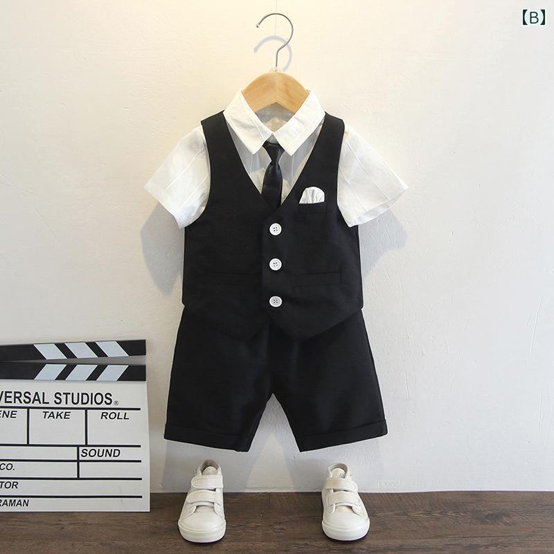 キッズ ファッション 男の子 かわいい おしゃれ かっこいい 韓国 子供服 発表会 結婚式 高級 スーツ 夏 英国 シャツ パンツ 衣装 半袖 セット ベスト ネクタイ ストライプ ykc8-10131607 YKC8 サンプル画像3