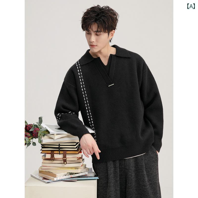 樂天商城 - メンズ ファッション 春夏 秋冬 かっこいい オシャレ モテ 男性用 紳士服 服 韓国 シンプル 大人 ファッション オープン ライン ウール セーター 冬 ブラック セーター