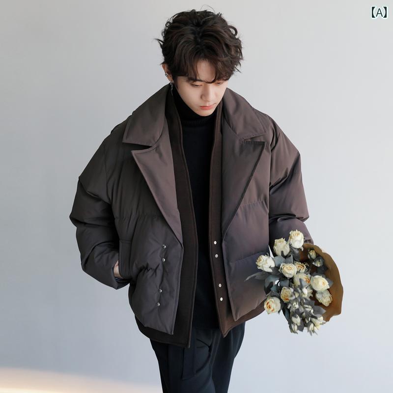 メンズ ファッション 春夏 秋冬 かっこいい オシャレ モテ 男性用 紳士服 服 韓国 シンプル 大人 スプライシング フェイク ツーピース コットン コート スーツ カラー カジュアル コットン コート 冬