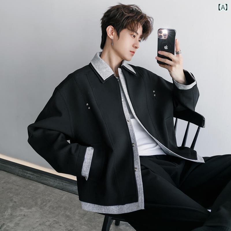 メンズ ファッション 春夏 秋冬 かっこいい オシャレ モテ 男性用 紳士服 服 韓国 シンプル 大人 ジャケット フェイク ツーピース スタイル ジャケット