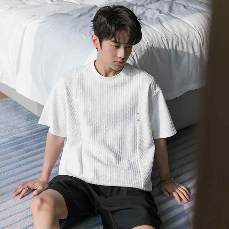 Rakuten - メンズ ファッション 春夏 秋冬 かっこいい オシャレ モテ 男性用 紳士服 服 韓国 シンプル 大人 夏 ホワイト T シャツ ニット テクスチャ ボーイズ 半袖 トップス