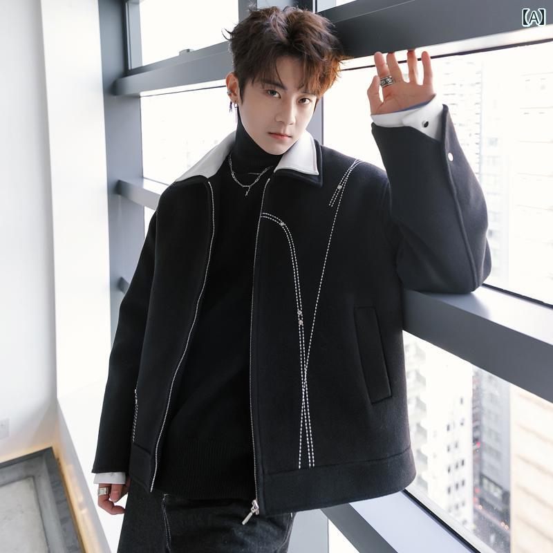 メンズ ファッション 春夏 秋冬 かっこいい オシャレ モテ 男性用 紳士服 服 韓国 シンプル 大人 高級 ライン ショート ウール コート フェイク ツーピース ウール コート