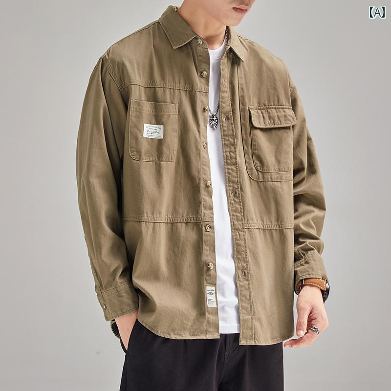 Rakuten - メンズ ファッション 春夏 秋冬 かっこいい オシャレ モテ 男性用 紳士服 服 韓国 シンプル 大人 綿 シャツ メンズ 長袖 春秋 アメリカ カジュアル シャツ ワークジャケット 男性用