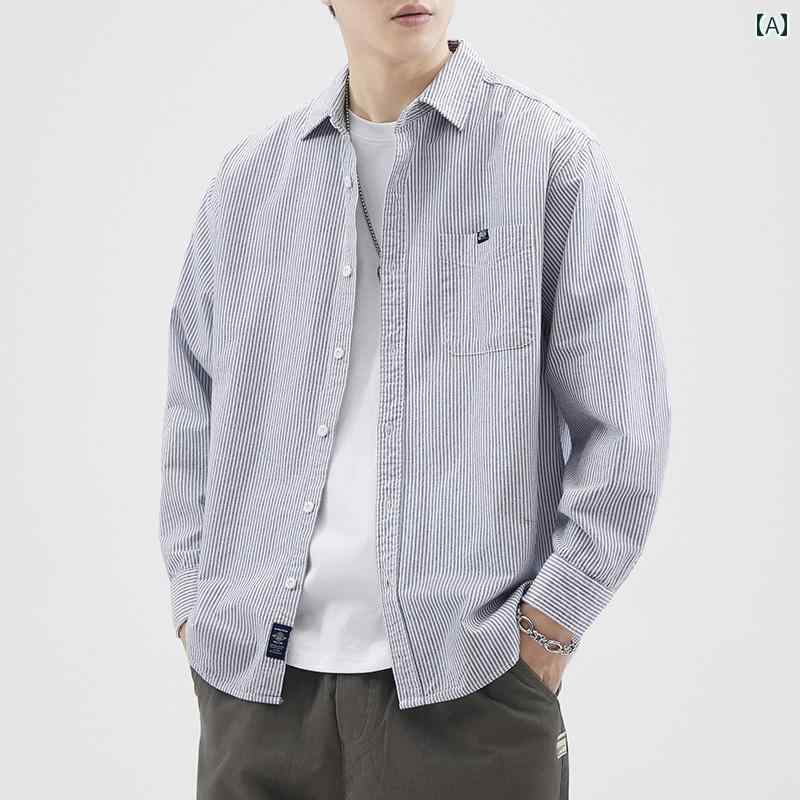 Rakuten - メンズ ファッション 春夏 秋冬 かっこいい オシャレ モテ 男性用 紳士服 服 韓国 シンプル 大人 ストライプ 長袖 シャツ 男性用 春秋 ハイエンド コート メンズカジュアル スタイル シャツ