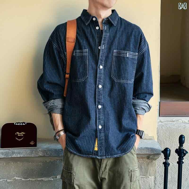 樂天商城 - メンズ ファッション 春夏 秋冬 かっこいい オシャレ モテ 男性用 紳士服 服 韓国 シンプル 大人 秋 ストライプ デニムシャツ メンズ 長袖 ゆったり カジュアル ジャケット マウンテン ワークウェア 快適 シャツ