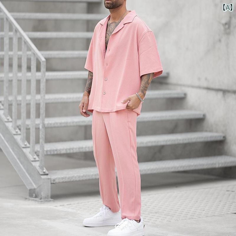其它 衣服 - メンズ ファッション 春夏 秋冬 かっこいい オシャレ モテ 男性用 紳士服 服 韓国 シンプル 大人 夏 シャツ カジュアル パンツ 2点 セット スリム 無地 メンズファッション スーツ レトロ アメリカン スタイル