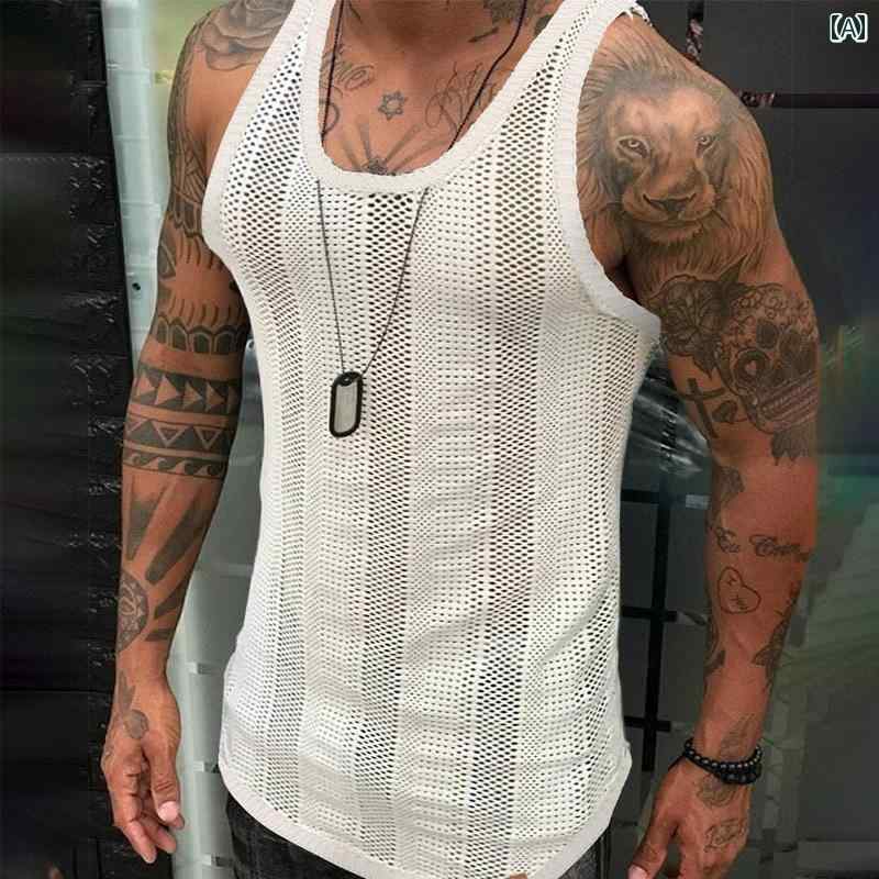 メンズ ファッション 春夏 秋冬 かっこいい オシャレ モテ 男性用 紳士服 服 韓国 シンプル 大人 アメリカ メンズ 夏 魅惑的 ノースリーブニット ベスト 白 通気性 メッシュ スポーツ トレーニング トップ