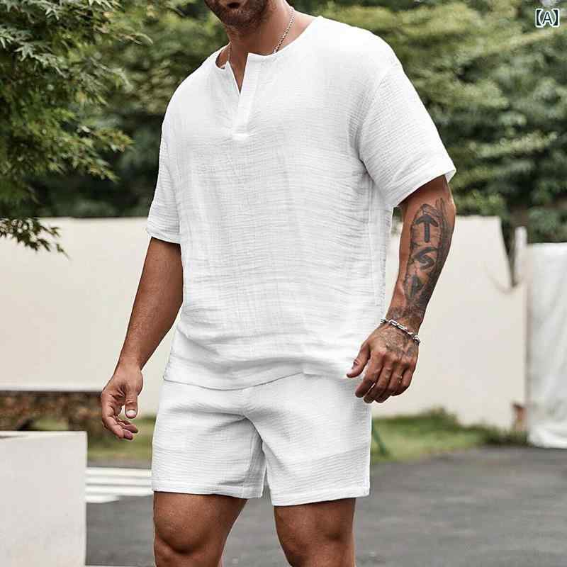 メンズ ファッション 春夏 秋　冬 かっこいい オシャレ モテ 男性用 紳士服 服 韓国 シンプル 大人 欧米 メンズ 夏 ゆったり カジュアル 無地 Vネック 半袖 シャツ ショート パンツ ツーピース スーツ メンズスーツ