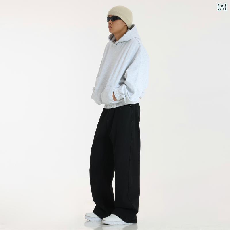 Rakuten - メンズ ファッション 春夏 秋　冬 かっこいい オシャレ モテ 男性用 紳士服 服 韓国 シンプル 大人 メンズ アメリカン ストリート ブラック ジーンズ ー レトロ ダメージ ストレート パンツ 汎用性 高さ カジュアル ワイド レッグ パンツ