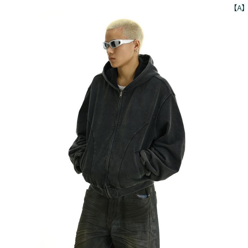 メンズ ファッション 春夏 秋　冬 かっこいい オシャレ モテ 男性用 紳士服 服 韓国 シンプル 大人 春 メンズレディース アメリカン レトロ ダメージ 加工 スウェットシャツ クリーン フィット ヘビー ジッパー カーディガン ゆったり カップル ジャケット(4.0)