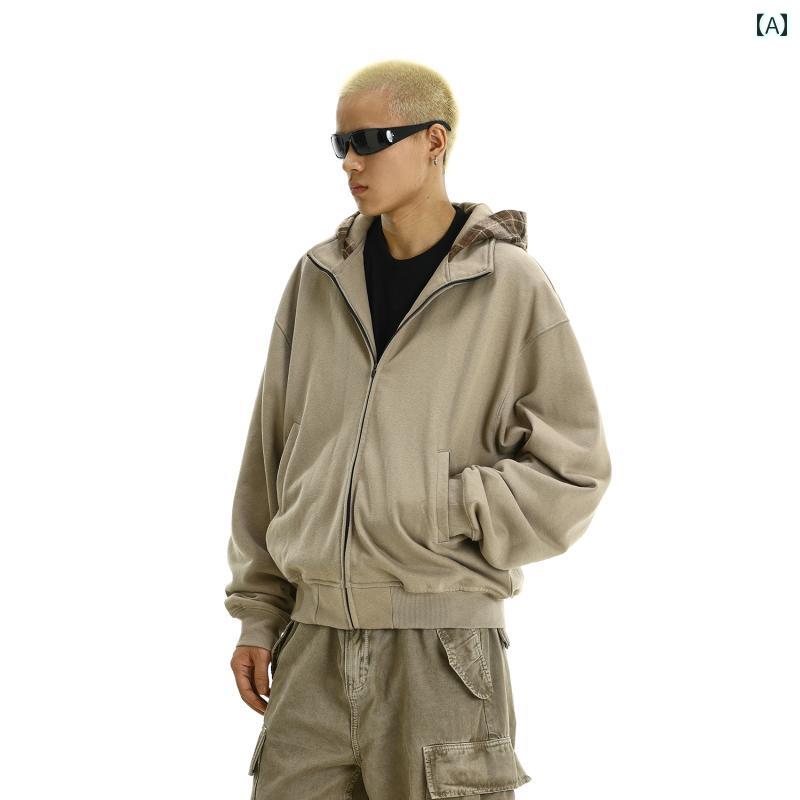 メンズ ファッション 春夏 秋　冬 かっこいい オシャレ モテ 男性用 紳士服 服 韓国 シンプル 大人 アメリカン レトロ フェイク ツーピース パーカー 男女 ショート カーディガンジャケット チェック柄 ゆったり カジュアル スウェットシャツ