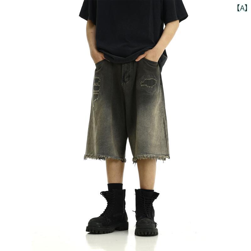 樂天商城 - メンズ ファッション 春夏 秋　冬 かっこいい オシャレ モテ 男性用 紳士服 服 韓国 シンプル 大人 アメリカン レトロ ウォッシュ 加工 ダメージ 加工未 加工 デニムショートパンツ 男女兼用 夏 クール ストリート スタイル ゆったり 五分丈 パンツ