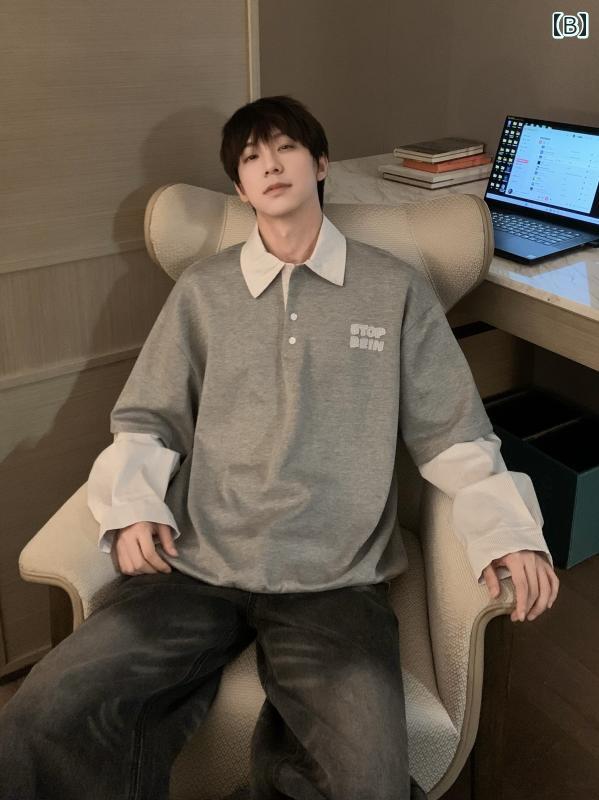 メンズ ファッション 春夏 秋冬 かっこいい オシャレ モテ 男性用 紳士 韓国 シンプル 大人 韓国 カジュアル フェイク ツーピース ストライプ ポロシャツ 長袖 T シャツ 男女兼用 ゆったり 快適 トップス