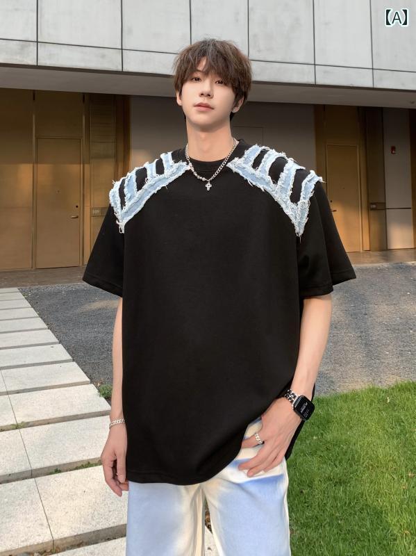 樂天商城 - メンズ ファッション 春夏 秋冬 かっこいい オシャレ モテ 男性用 紳士 韓国 シンプル 大人 高級 デニム スプライシング 半袖 メンズ ラウンドネック ハーフスリーブ シンプル ショルダーパッド T シャツ