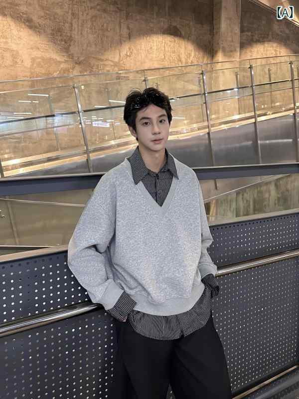 メンズ ファッション 春夏 秋冬 かっこいい オシャレ モテ 男性用 紳士 韓国 シンプル 大人 韓国 フェイク ツーピース シャツ カラー スプライシング スウェットシャツ メンズ レイ ヤード 快適 トップス