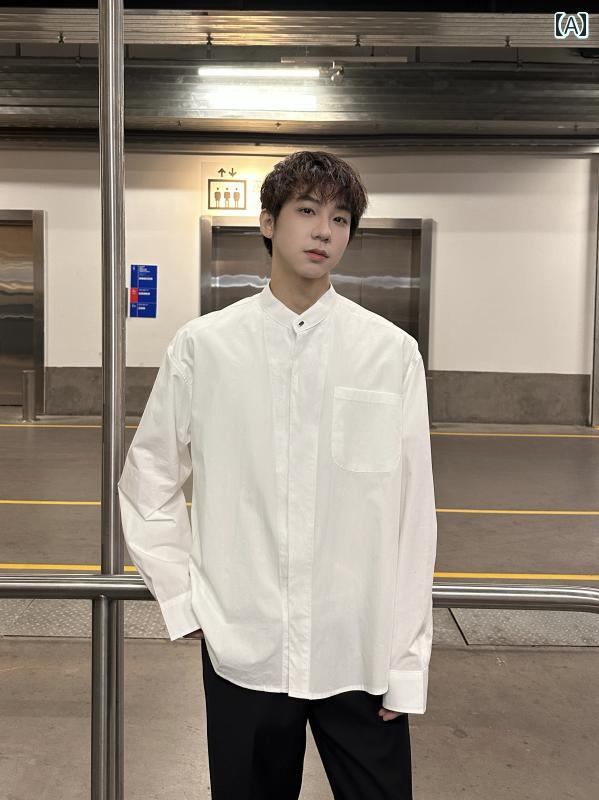 Rakuten - メンズ ファッション 春夏 秋冬 かっこいい オシャレ モテ 男性用 紳士 韓国 シンプル 大人 スタンドカラー 長袖 シャツ メンズ 春秋 カジュアル ホワイト シャツ