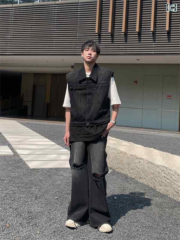 メンズ ファッション 春夏 秋冬 かっこいい オシャレ モテ 男性用 紳士 韓国 シンプル 大人 アメリカン スタイル ウォッシュ 加工 オールド レトロ デ コンストラクト デニムベスト ジャケット スーツ ストリート マッチング ジーンズ メンズ ykc8-10140393 YKC8 サンプル画像3