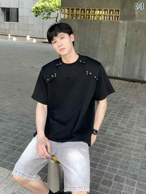Rakuten - メンズ ファッション 春夏 秋冬 かっこいい オシャレ モテ 男性用 紳士 韓国 シンプル 大人 韓国 メタル 装飾 ステッチ ラウンドネック 半袖 メンズ 夏 ストリート クール T シャツ