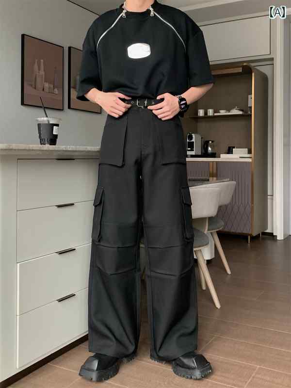 メンズ ファッション 春夏 秋冬 かっこいい オシャレ モテ 男性用 紳士 韓国 シンプル 大人 プリーツ マルチ ポケット ワークウェア パンツ メンズ ストレート ドレープ ワイド レッグ パンツ