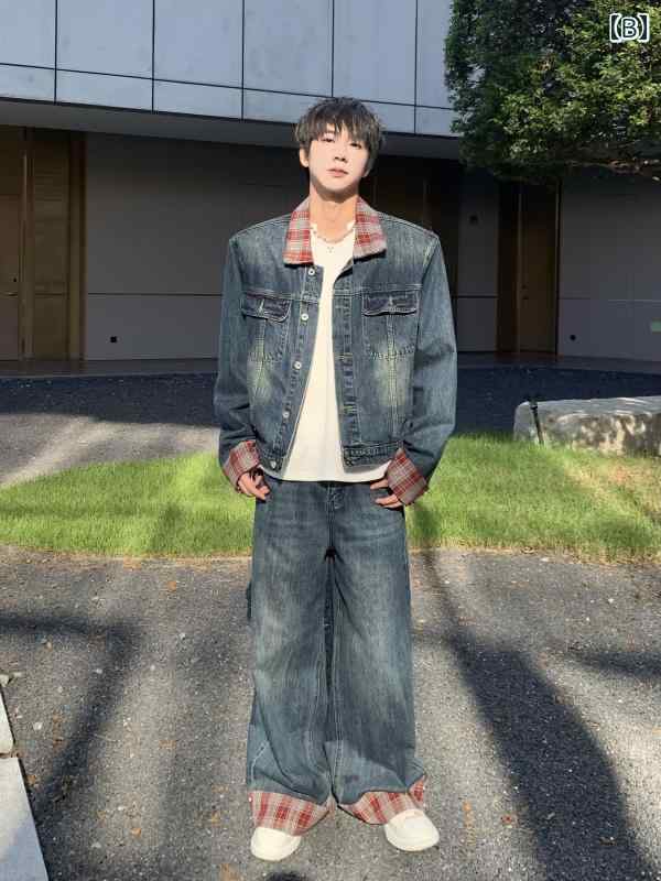 メンズ ファッション 春夏 秋冬 かっこいい オシャレ モテ 男性用 紳士 韓国 シンプル 大人 レトロ チェック柄 ステッチ ショルダーパッド デニムジャケット コート メンズジーンズ スーツ ykc8-10140487 YKC8 サンプル画像2