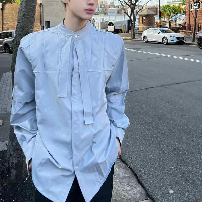メンズ ファッション 春夏 秋冬 かっこいい オシャレ モテ 男性用 紳士服 服 韓国 シンプル 大人 アメリカン 立体 プリーツ リボン シャツ メンズ 長袖 カジュアル シャツ ジャケット
