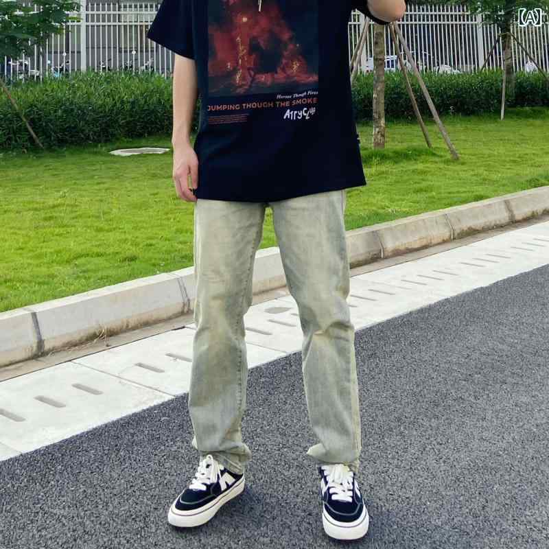 Boot-Cut Pants - メンズ ファッション 春夏 秋冬 かっこいい オシャレ モテ 男性用 紳士服 服 韓国 シンプル 大人 イエロー マッドルー イト カー レトロ ウォッシュ 加工 ダメージ トレート ジーンズ 男性用 伸縮性 カジュアル フロアレング ロング パンツ