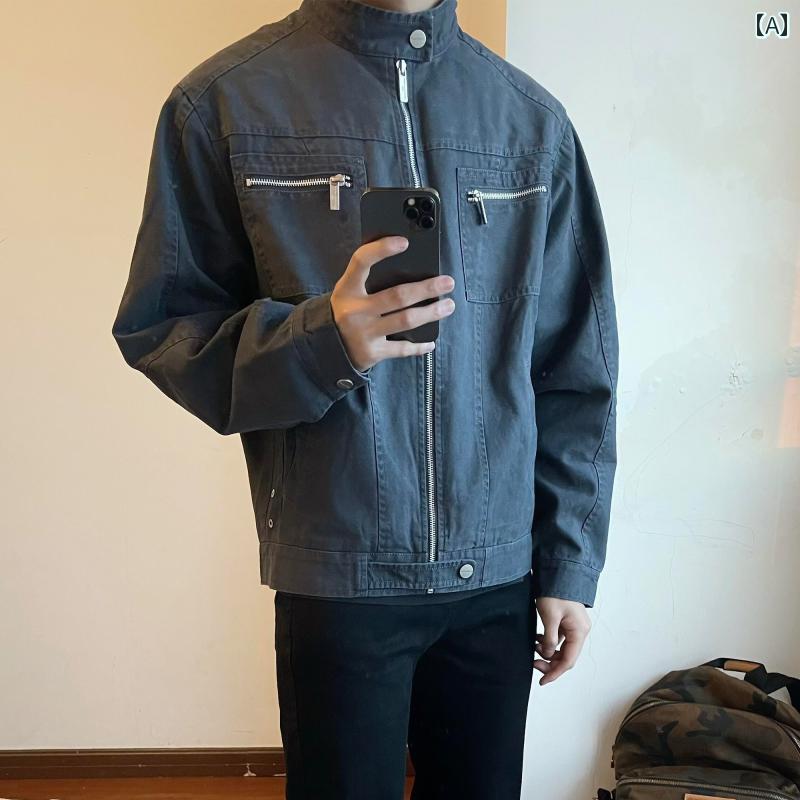 Rakuten - メンズ ファッション 春夏 秋冬 かっこいい オシャレ モテ 男性用 紳士服 服 韓国 シンプル 大人 アメリカン レトロ ハリントン ウォッシュ キャンバ ジャケット メンズ 春秋 カジュアル タンドカー ワーウェア ジャケット
