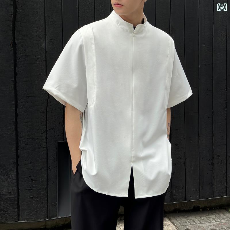 メンズ ファッション 春夏 秋冬 かっこいい オシャレ モテ 男性用 紳士服 服 韓国 シンプル 大人 ジッパー タンドカー シャツ メンズ 半袖 夏 カジュアル ドレープ シャツ ジャケット
