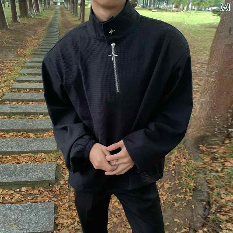 メンズ ファッション 春夏 秋冬 かっこいい オシャレ モテ 男性用 紳士服 服 韓国 シンプル 大人 メンズ ワッフルタンドカー ハーフ ジップ ウェットシャツ アメリカン レトロ 無地 長袖 ジャケット