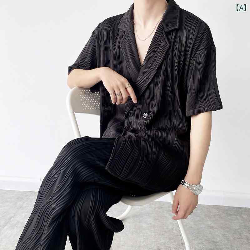 メンズ ファッション 春夏 秋冬 かっこいい オシャレ モテ 男性用 紳士服 服 韓国 シンプル 大人 プリーツ ーツ 襟 半袖 シャツ 男性 夏 薄手 カジュアル プリーツ パンツ シャツ ーツ