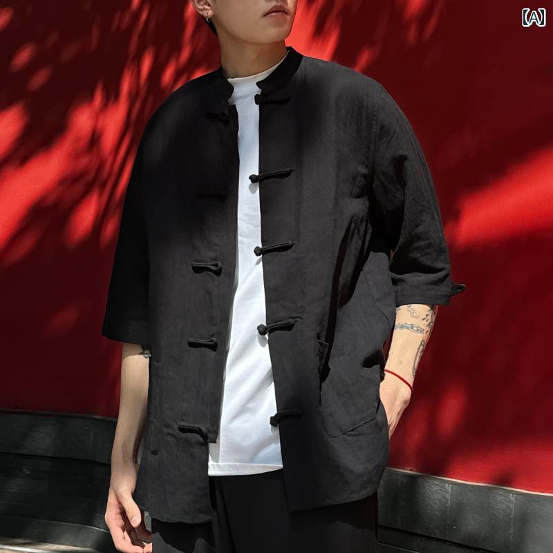メンズ ファッション 春夏 秋冬 かっこいい オシャレ モテ 男性用 紳士服 服 韓国 シンプル 大人 チュニッ 高級 ボタン コットンリネン 半袖 シャツ メンズ 夏 シャツ ジャケット