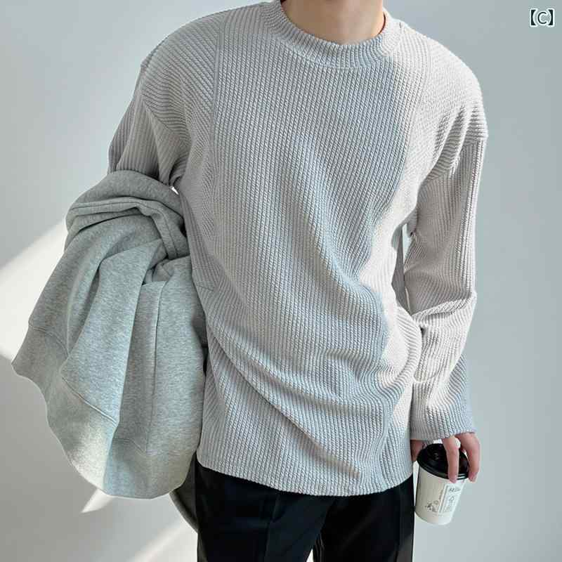 メンズ ファッション 春夏 秋冬 かっこいい オシャレ モテ 男性用 紳士服 服 韓国 シンプル 大人 の ハイエンド 製 プリーツ ラウンドネック ドロップ ショルダー スリーブ T シャツ 小さい ネック ライン 長袖 ゆったり ドレープ シャツ T シャツ